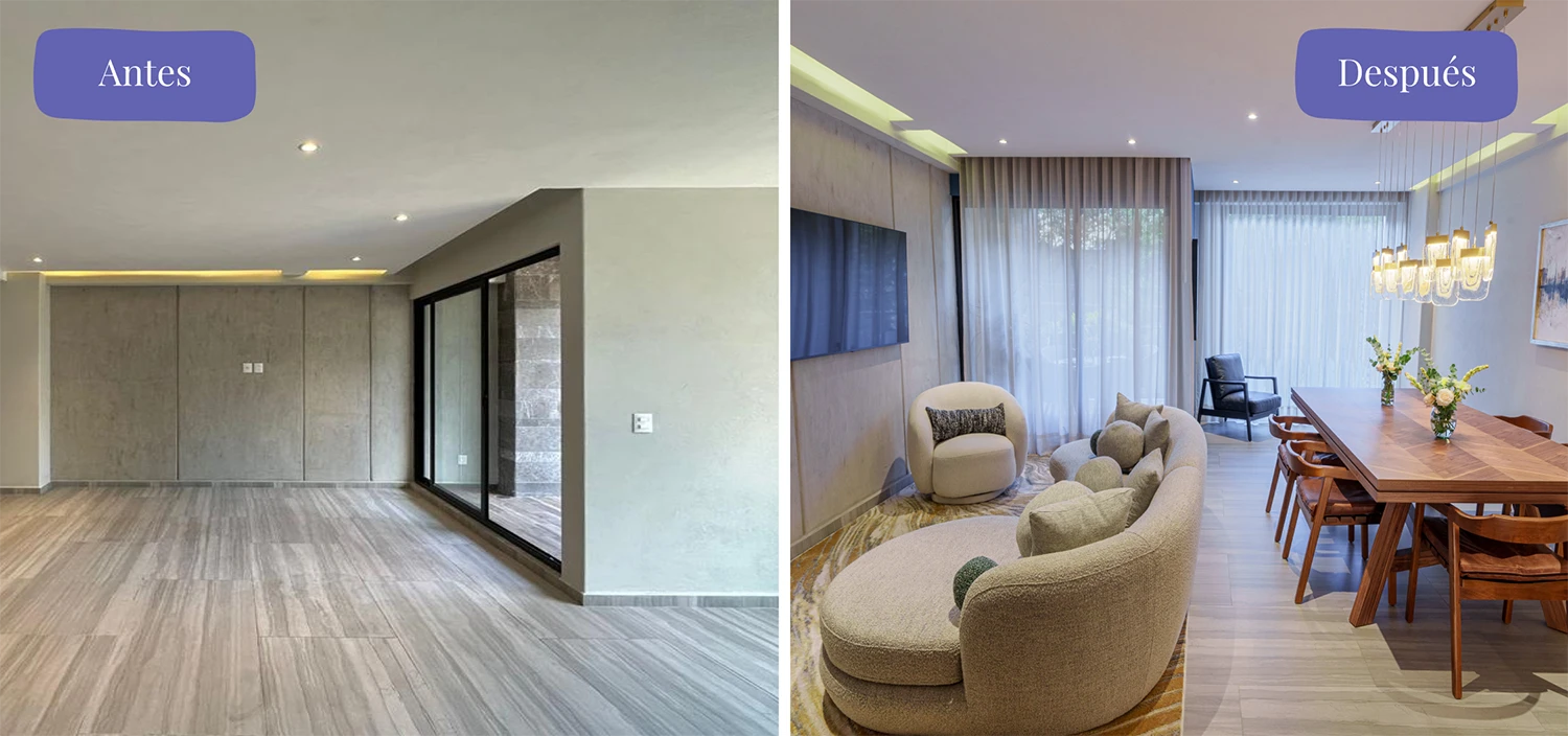 Antes y después interior Airbnb, diseño de interiores en CDMX, Yadmar